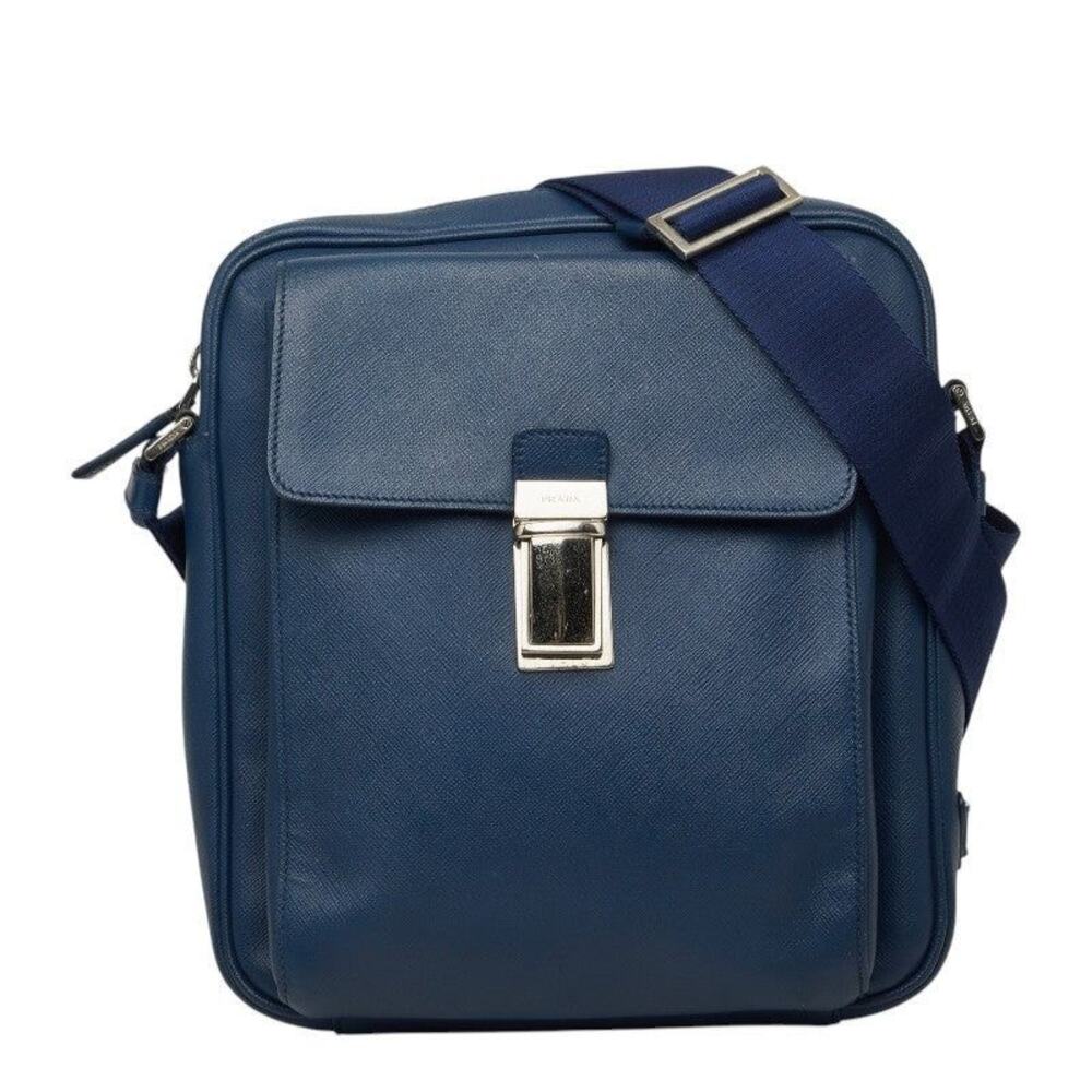 Prada Leather Triangle Logo Plate Shoulder Bag Saffiano Navy